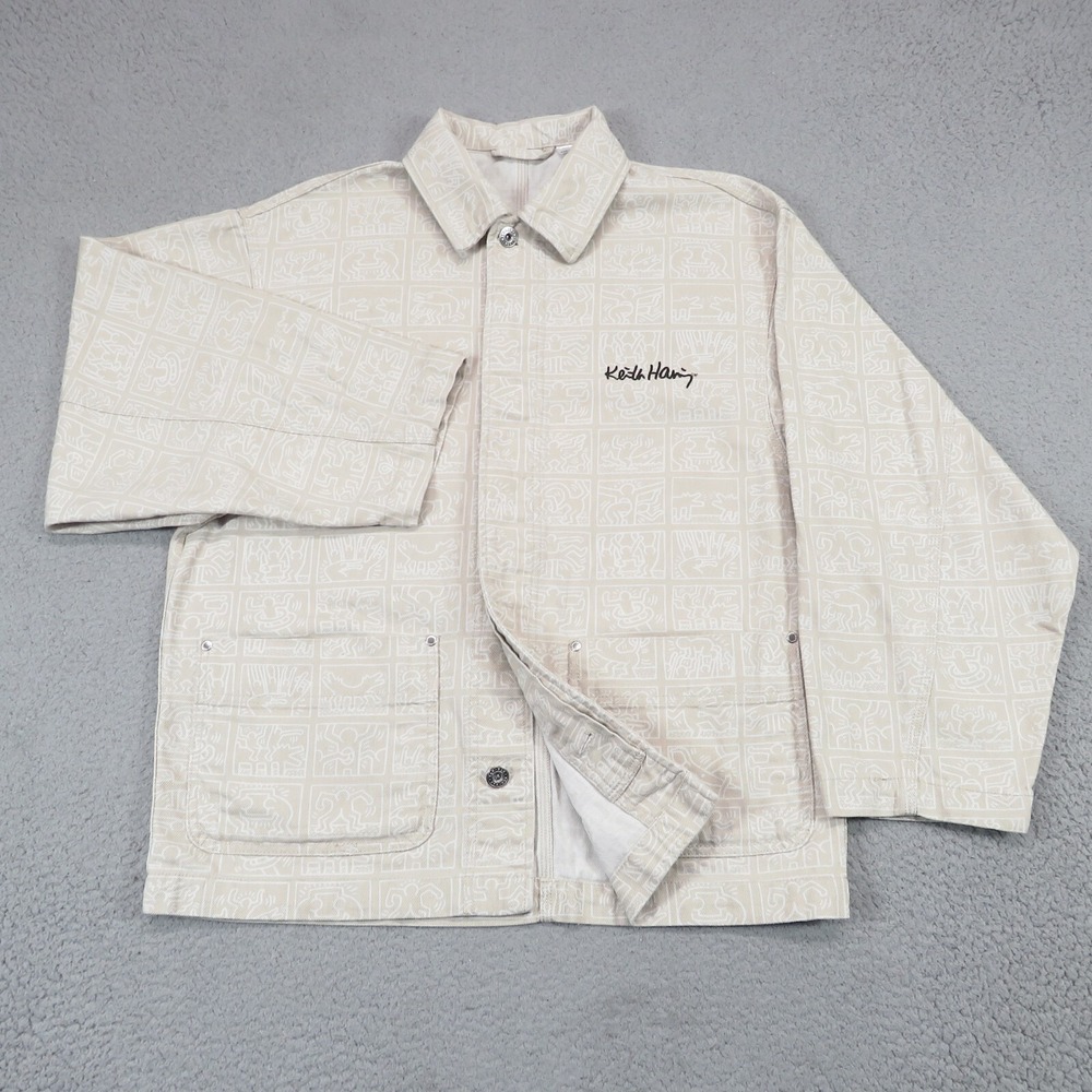 H&M Keith Haring Mens Small Canvas Workwear Chore Coat AOP Graffiti Jacket Beige